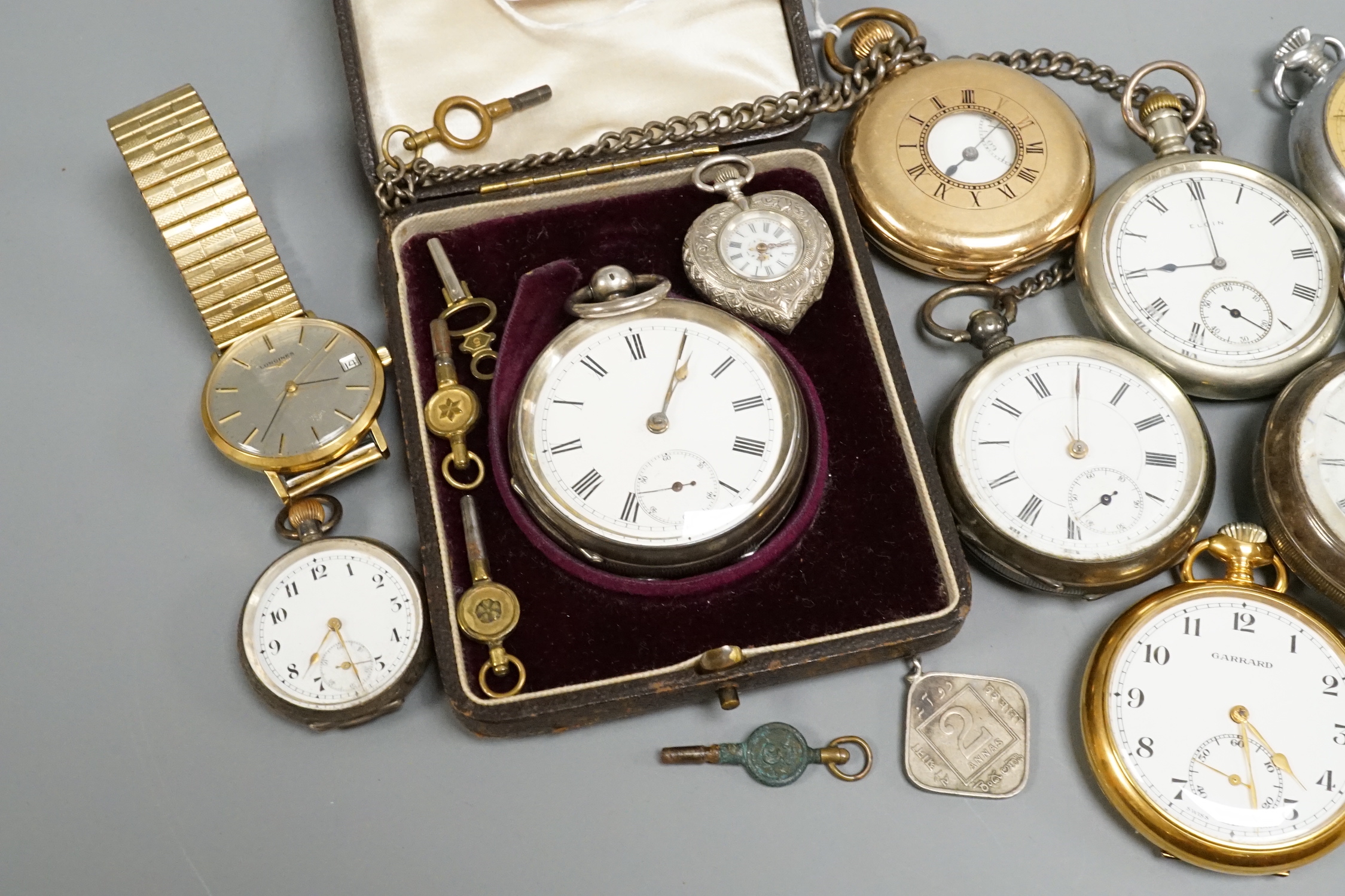 A collection of assorted wrist, fob and mainly pocket watches including Elgin and Garrard.